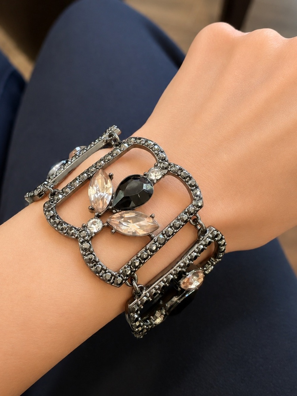 Gunmetal Crystal Linked Panel Statement Bracelet Black Clear